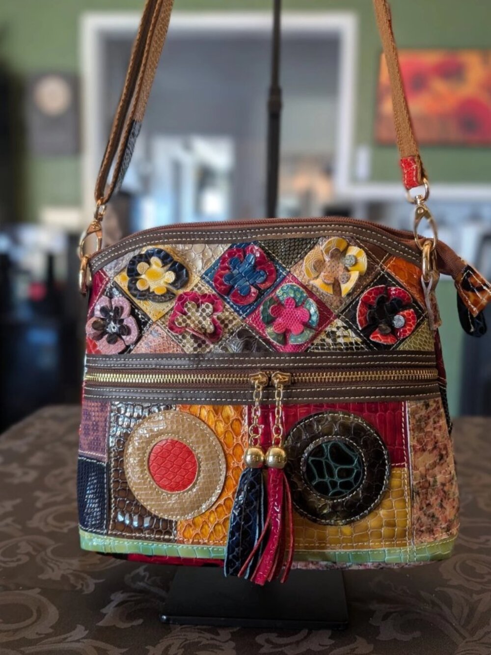 Caerlif Leather Crossbody Bag Patchwork Floral Print NWOT